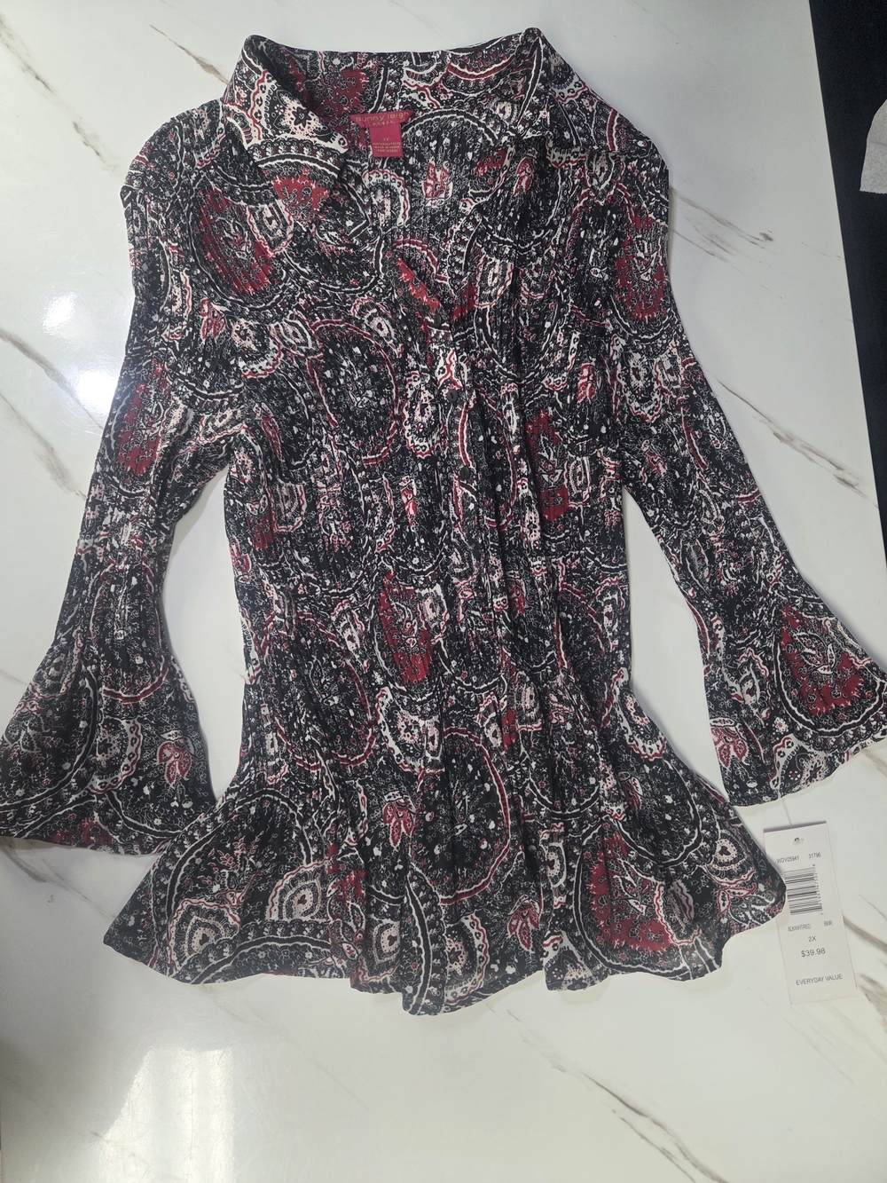 Sunny Leigh Black & Red Paisley Peplum Blouse XXL